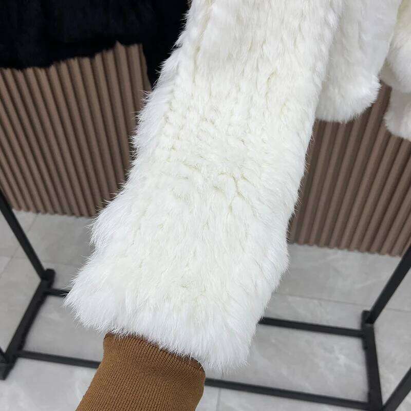 2025 Autumn Winter Women Real Natural Rabbit Fur Double Knitted Coat With Big Navy Collar Thick Warm Jacket Full Sleeves