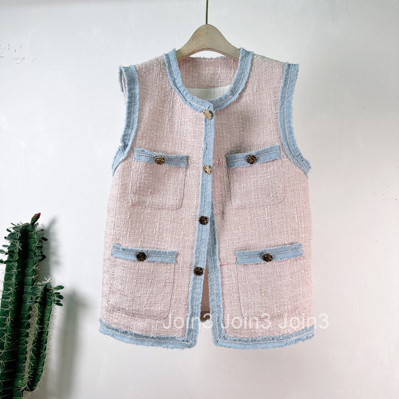 Yuans New Summer Vest Womens Small Fragrance Loose Round Neck Single breasted Panel Edge Vest Womens Outwear