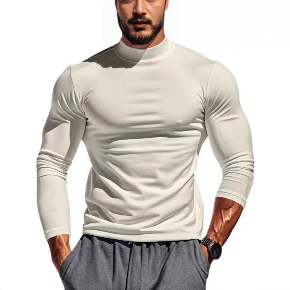 Mens Autumn Winter Thermal Pure Long Sleeve T-Shirt Knitted Base Shirt Slim Fit Half High Collar Mens Top