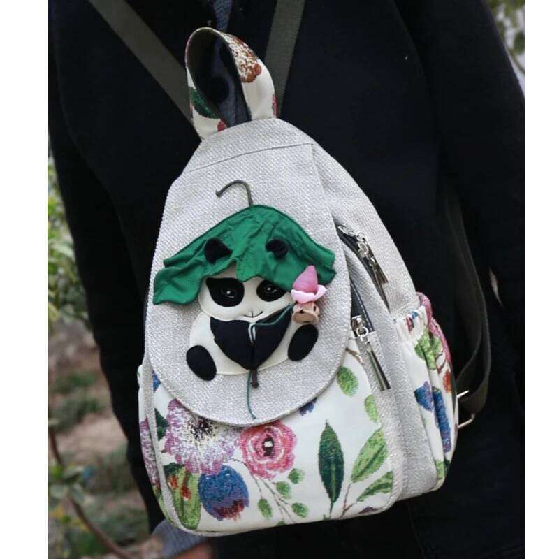 Fashion 3D National Embroidery Women High Quality Linen Female Daypack Pretty Style Cartoon Panda Design Girls Backpack