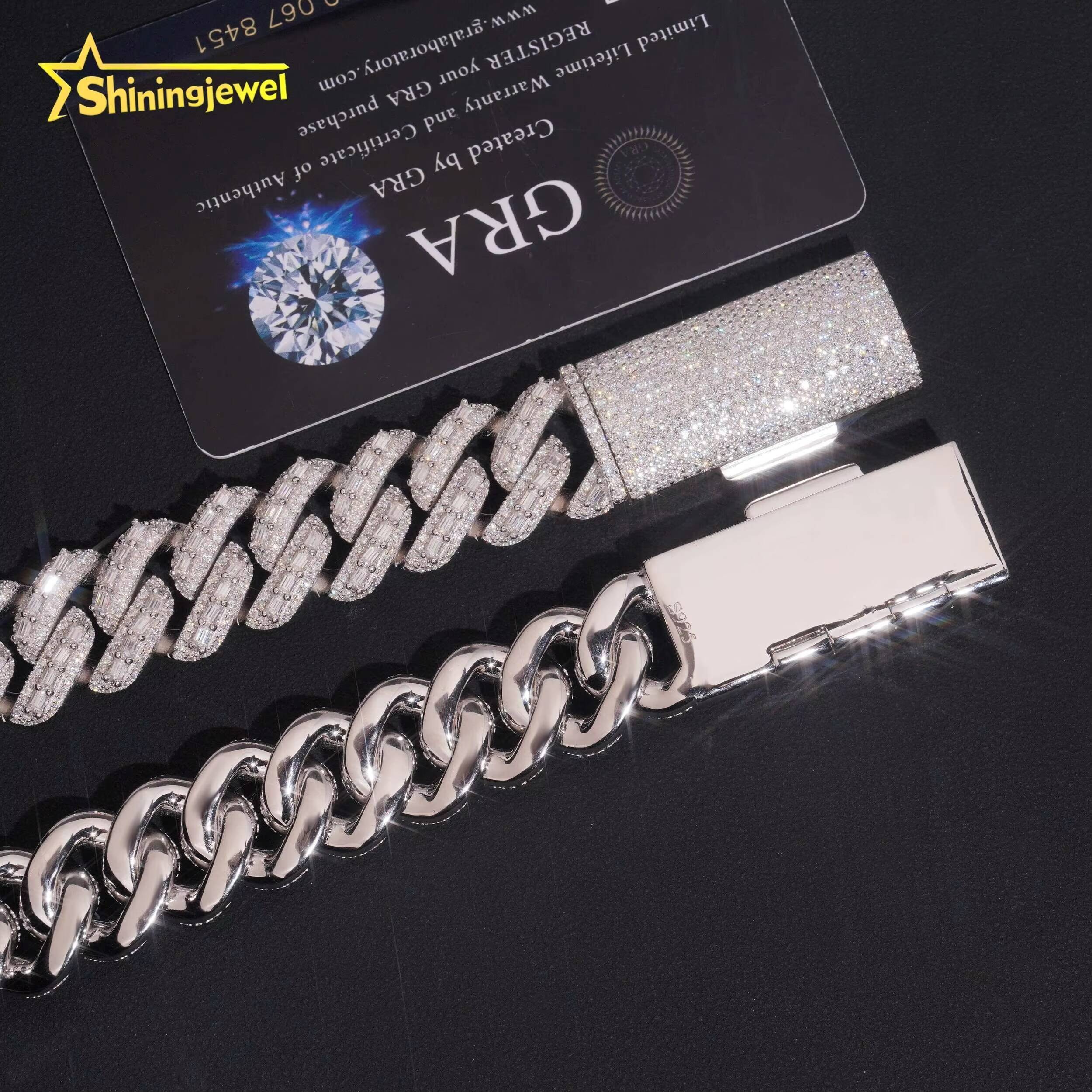 Rapper Jewelry Luxury Hip Hop Style Baguette Moissanite Iced Out 18mm 925 Silver Diamond Cuban Link Chain