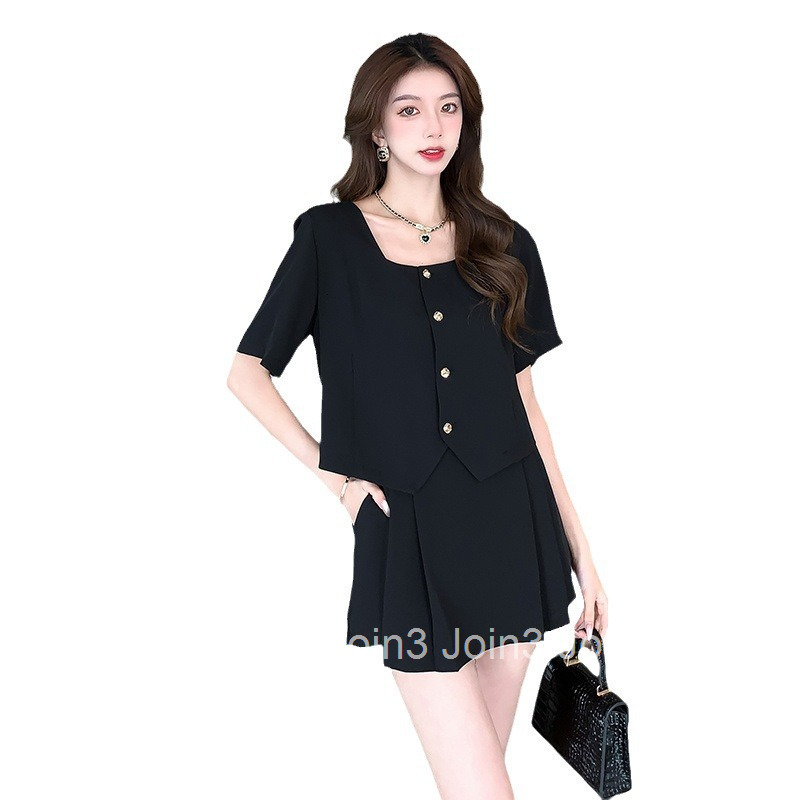 Summer New French Fashion Slimming Square Neck Short Sleeve Top + Shorts Skirt Two-Piece Set for Women