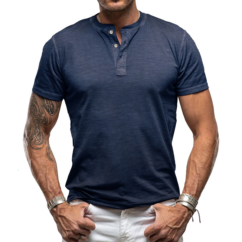 2024 Summer New Short Mens Solid Color Bamboo Henley Shirt American Style Mens Fashion T-Shirt