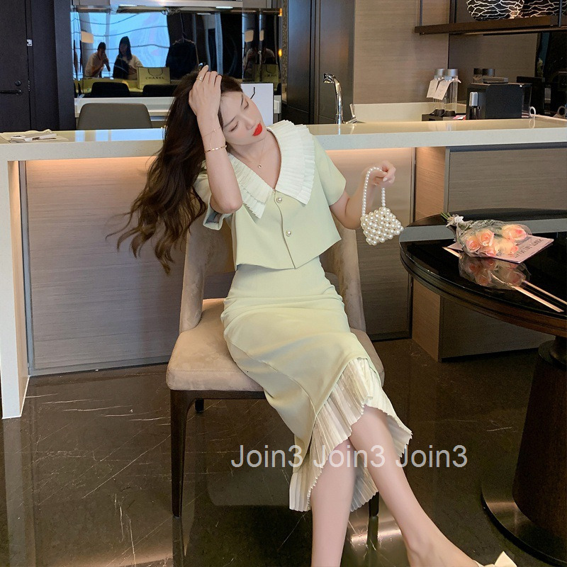 Summer New Womens Fashion Small Fragrance French Slim Lapel Short Sleeve Shirt Top+Half length Midskirt Set