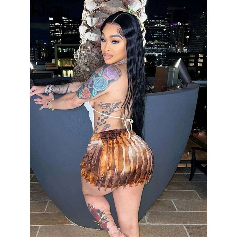 Kliou Summer Women Mini Sexy Mesh Two Piece Set K23s37851 Girl Print Ruched Halter Camisole+Hip Skirt Outfit Dance Club Attire