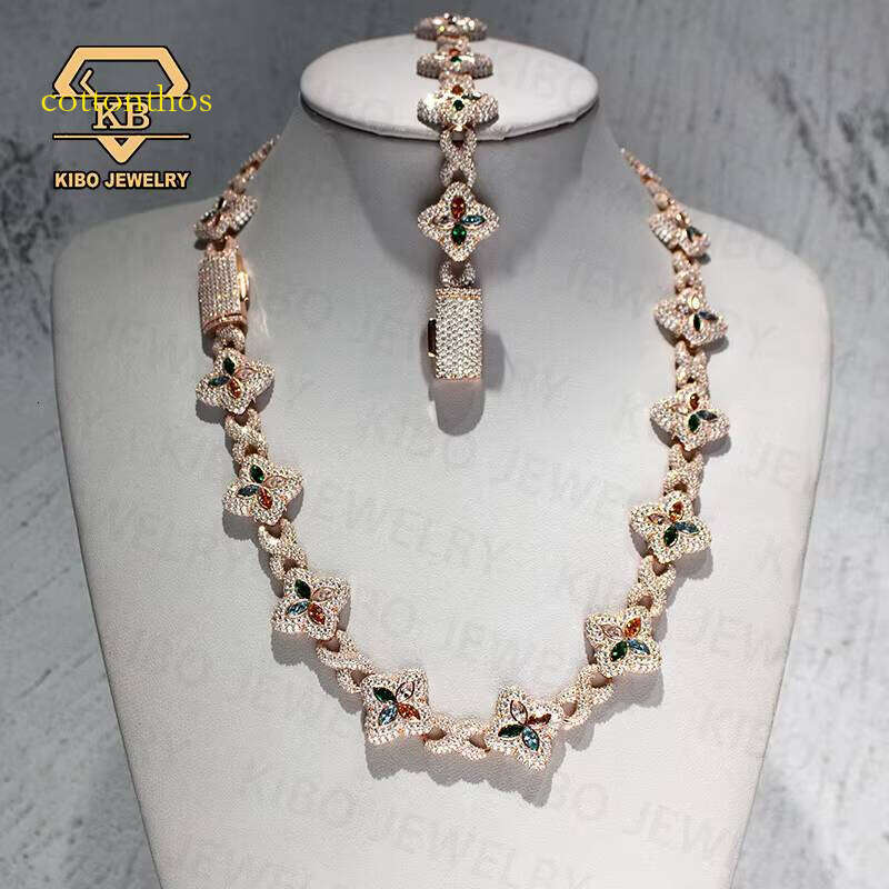 Hip Hop Clover Chains Jewelry VVS Sier Rose Gold Plated Moissanite Iced Out 4 Leaf Cuban Link Chain