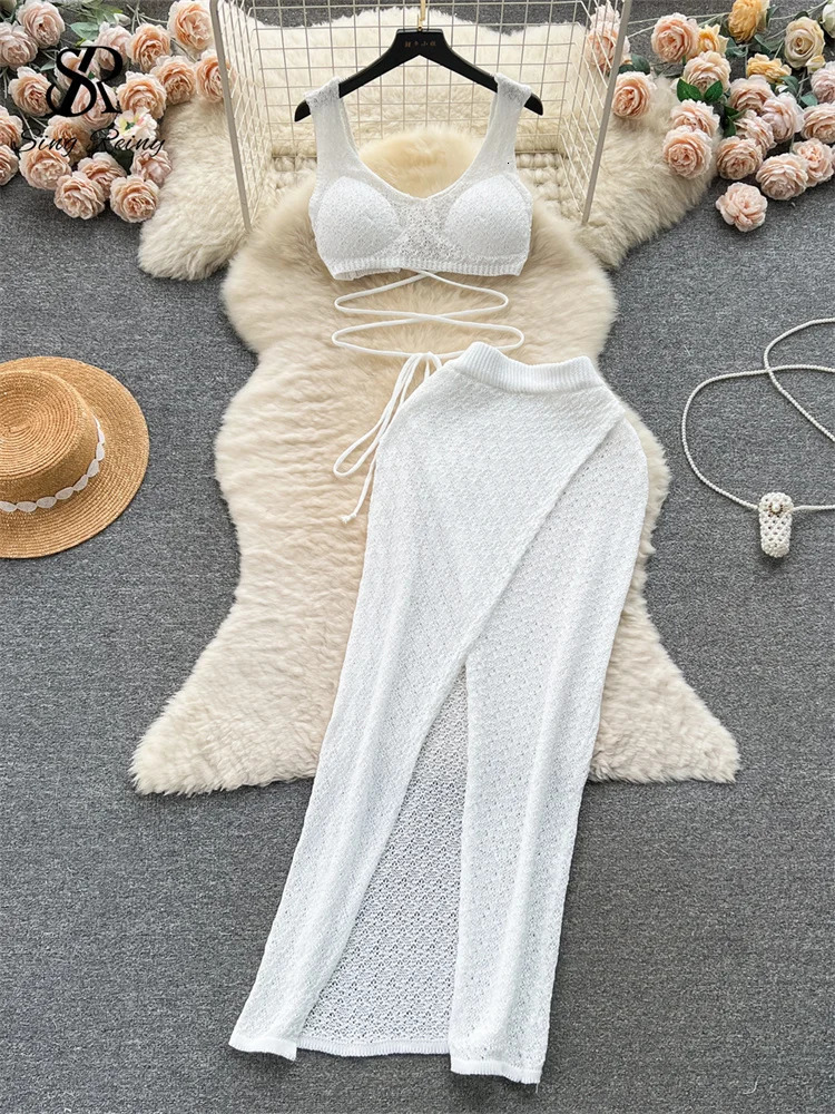 Singreiny Fashion Y2K Vintage Knitted Suits Bandage Crop Sexy TopSplit Slim Bodycon Skirt Chic Holiday Women Two Pieces Sets 250729