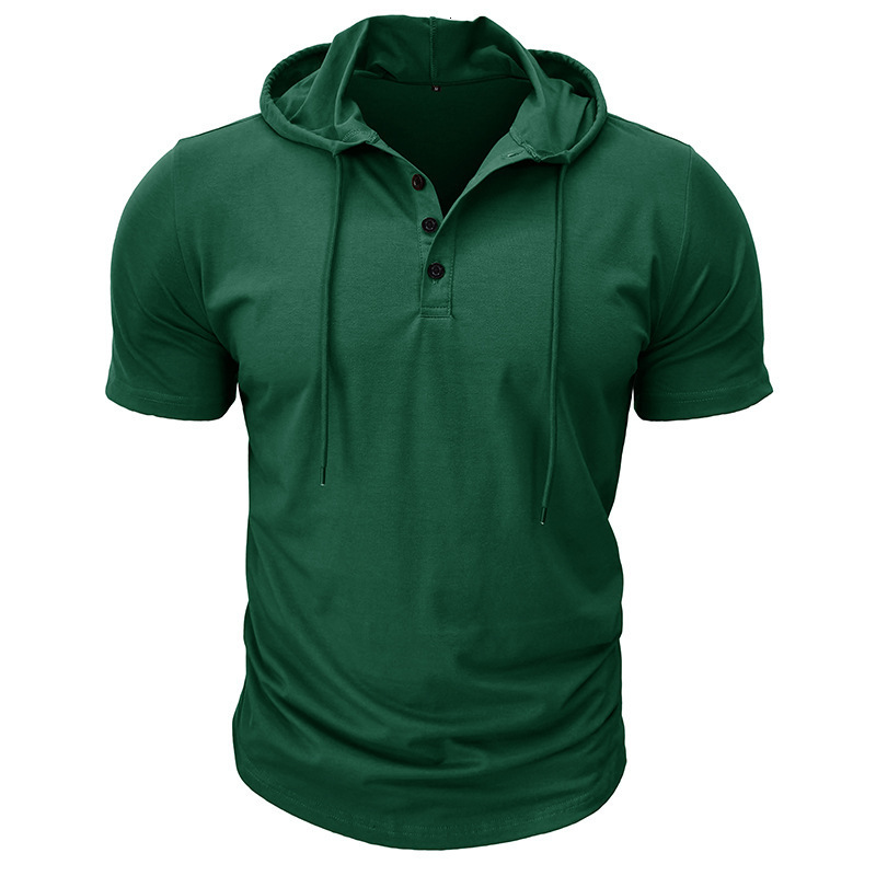 Mens Outdoor Sports Fitness Hooded Short Sleeve T-Shirt American Style Hooded Henley Shirt Mens Top