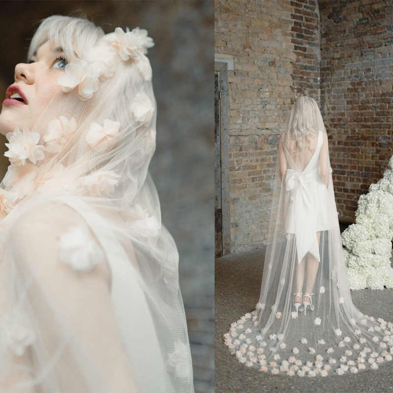 Customized Bridal Veil Long Wedding Veil 3D Flowers Floral Cathedral Length Luxurious Petals Veil Wedding Accessories