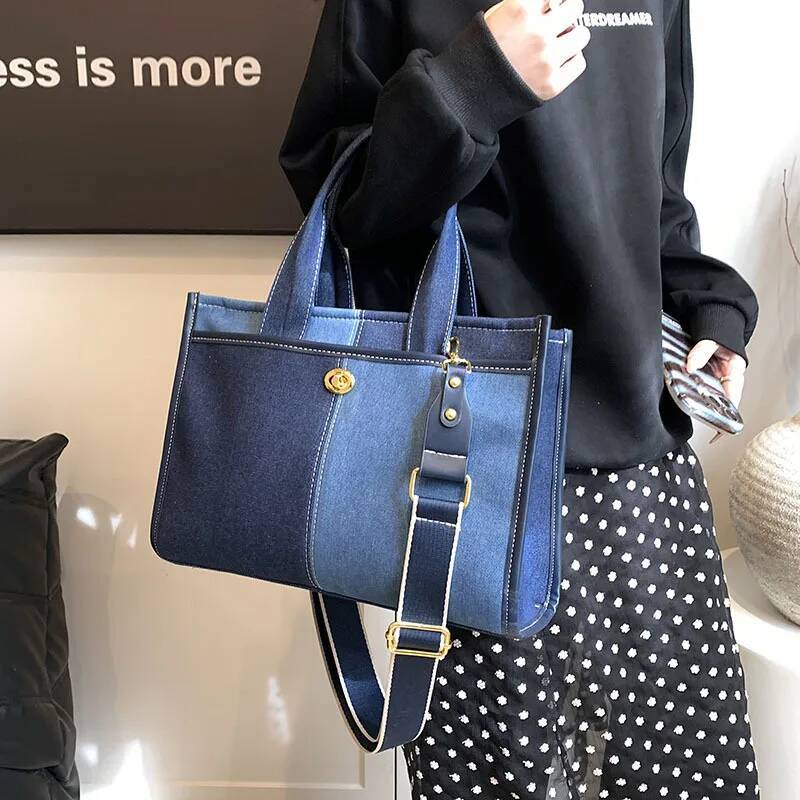 Fashion Contrasting Color Splicing Denim Handbag Women's Shoulder Crossbody Commuter Casual Tote Bag high-quality