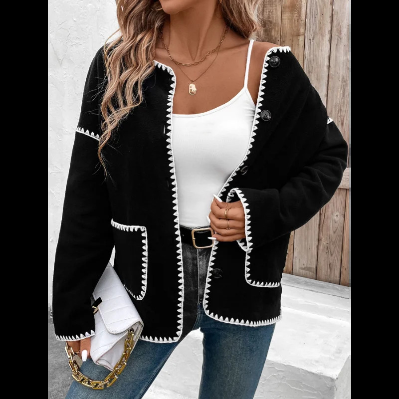 Autumn and Winter Womens Casual Cardigan Dressing Contrasting Fleece Jacket 250729