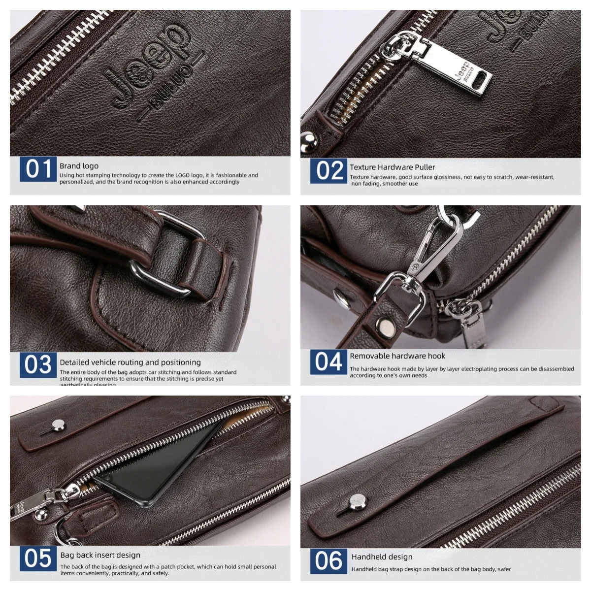 BULUO Fashion Big Mans Handbags High quality Leather Clutch bag Wallet Purse Large Capacity Business Brown 250723