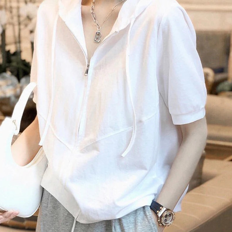 2K Women Short Sleeve Hoodies Summer Zipper Fashion Female Streetwear T Shirts Korean Casual All Match Student White Tops 250729