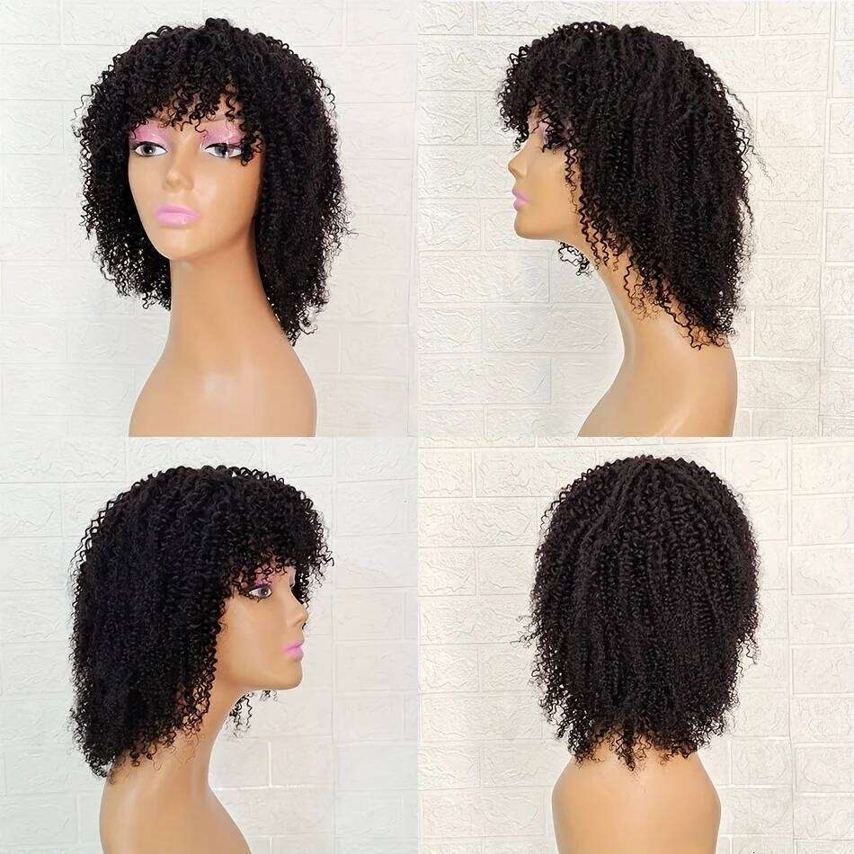 4A Afro Kinky Wigs With Bangs Short Curly Human Hair for Black Women 180% Density Full hine Made Wig