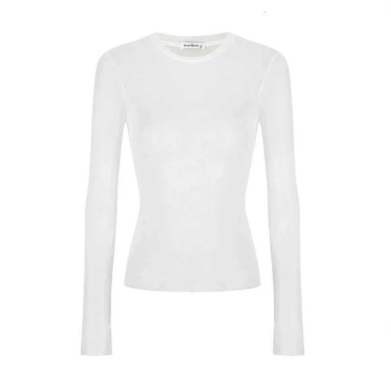 High Quality Plain Women Cotton T Shirt Elastic Basic Tshirts Female Casual Tops Long Sleeve Sexy Thin Tshirt See Through w250729