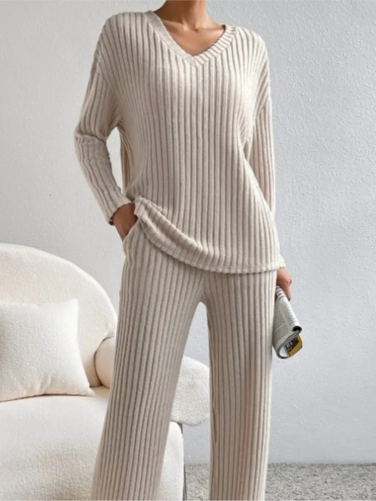 Autumn Womens Fashion Casual Straight Leg Pants With Loose Vneck Pit Stripe Knitted Long Sleeve Twopiece Set 250729