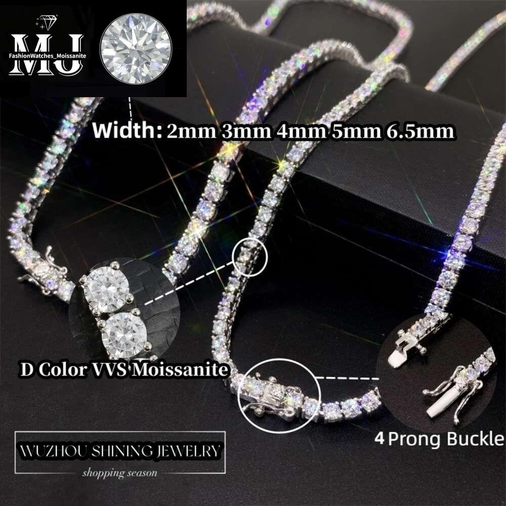 Custom Hip Hop Jewelry Necklace 2Mm 3Mm Sterg Sier Hiphop VVS Moissanite Tennis Chain