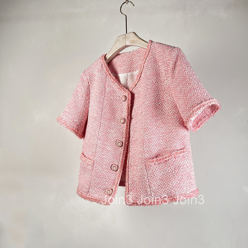 25 Summer New Korean Chic Fashion Brightening Little Fragrance Cardigan Slimming Pink Short Sleeve Top for Women