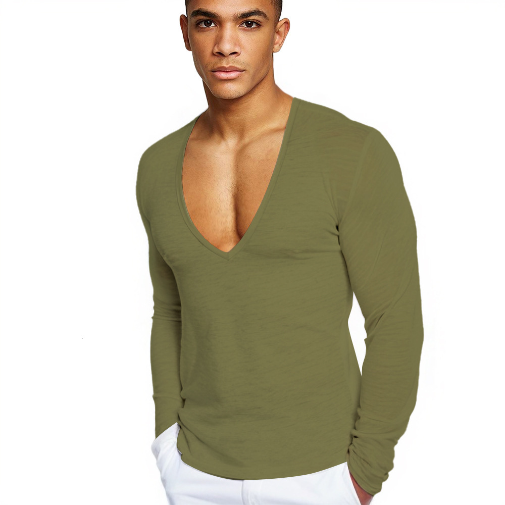 Mens T-Shirt Deep V-Neck Cotton Spring Autumn Long Sleeve Sports Solid Color European Size Trendy Fitness American Style Mens Sweatshirt