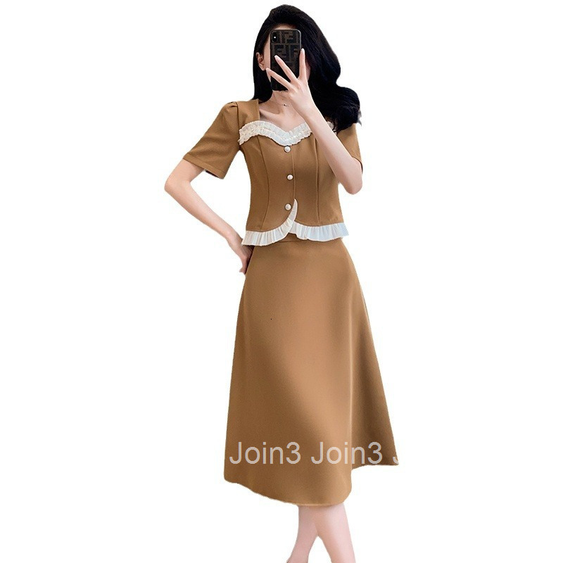 Summer New Sweet Ruffled Plus Size Womens Skirt Set Short Sleeve Top Half-Length Midi Skirt Two-Piece Set