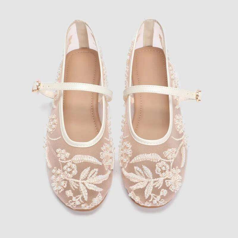White Pearl Mesh Embroidery Ballet Flats Women Elegant String Bead Flat Sandals Light Summer Mary Jane Shoes Zapatos De Mujer