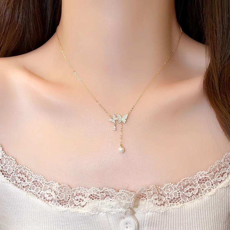Micro Inlay Large and Small Drop Glaze Butterfly Tassel Pendant Necklace for Women, High-end Light Niche Collarbone Chain, 2025 New Model Jewelry for 