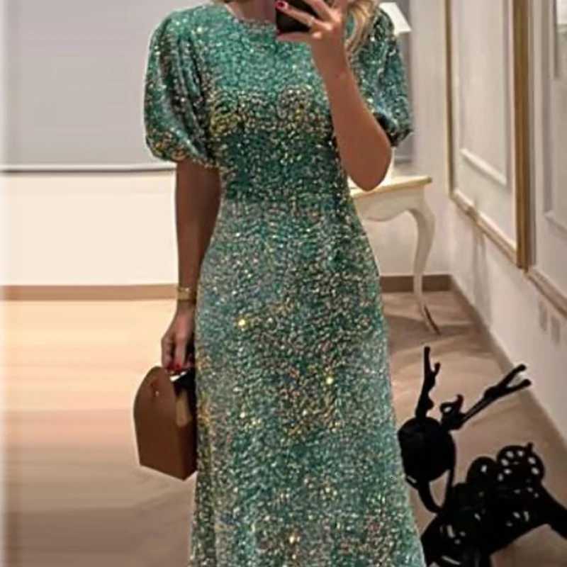 2024 New Lady Temperament Slim Banquet Dress Fashion Shiny Sequin Long Dress Casual O-neck Short Sleeve High Waist Dress for Women Z250728