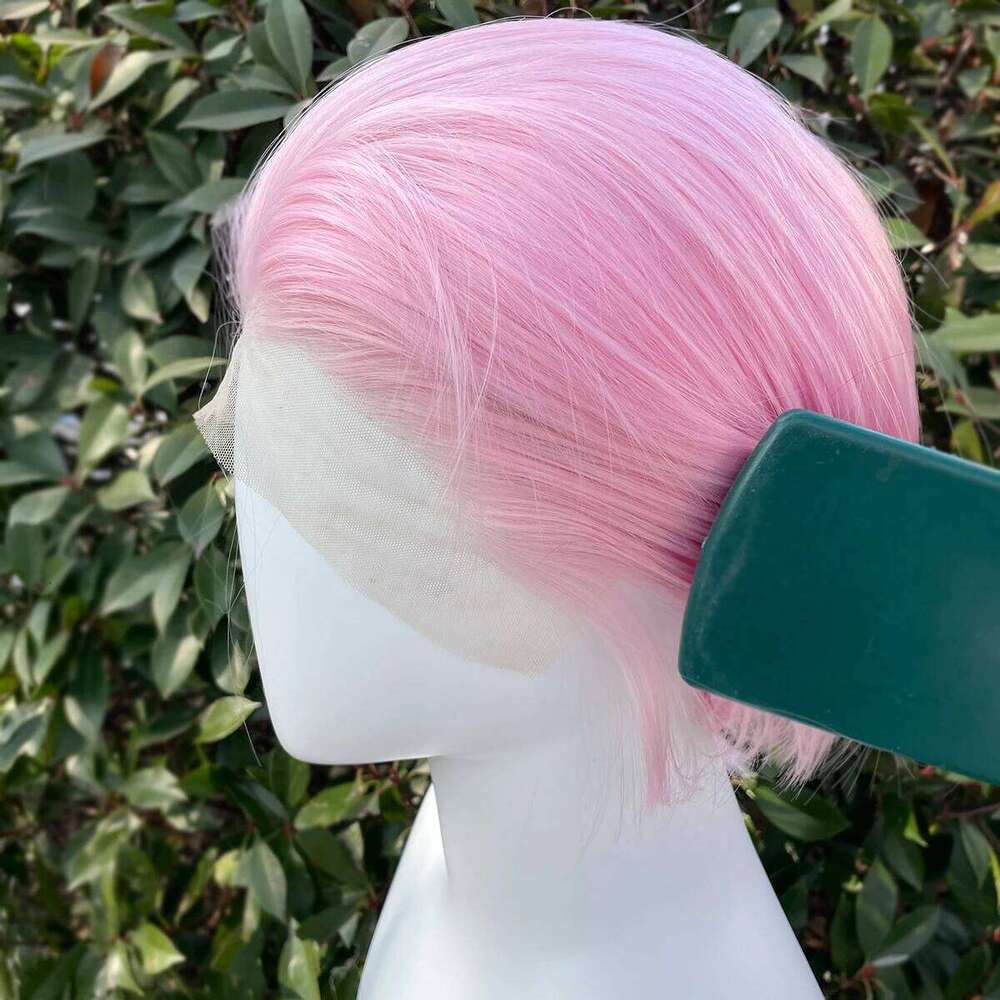 Light Pink Short Bob Cut Women Cosplay 13X4 Lace Front Human Wigs For Men Glueless Synthetic Hair Heat Resistant Free Part 150%