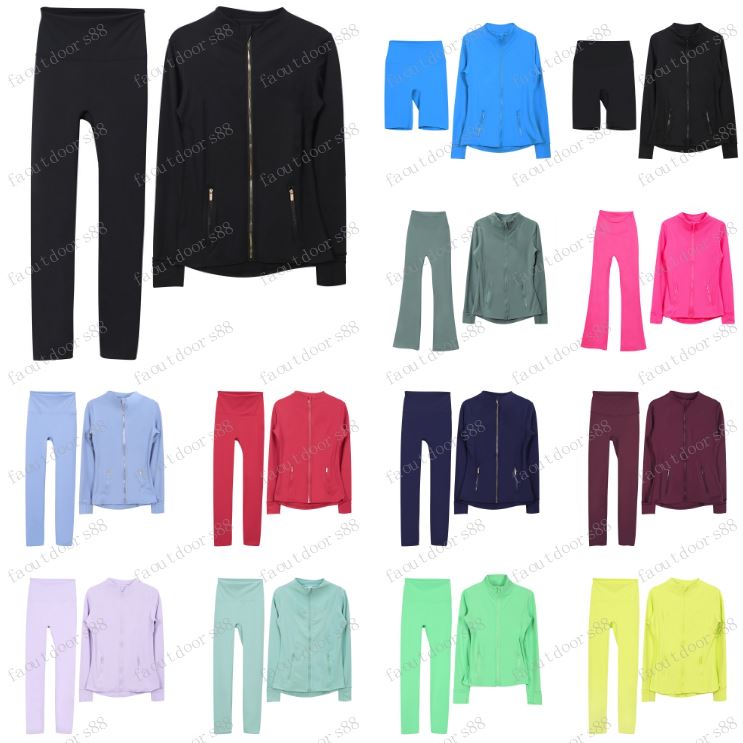 Workout Set Yoga Set Gold Zipper Jacket Shorts Leggings Flared Pants Womens Gym Ourtdoor Sports Jackets Coat Elastic Sportswear Outfits Pants Suits Tracksuits