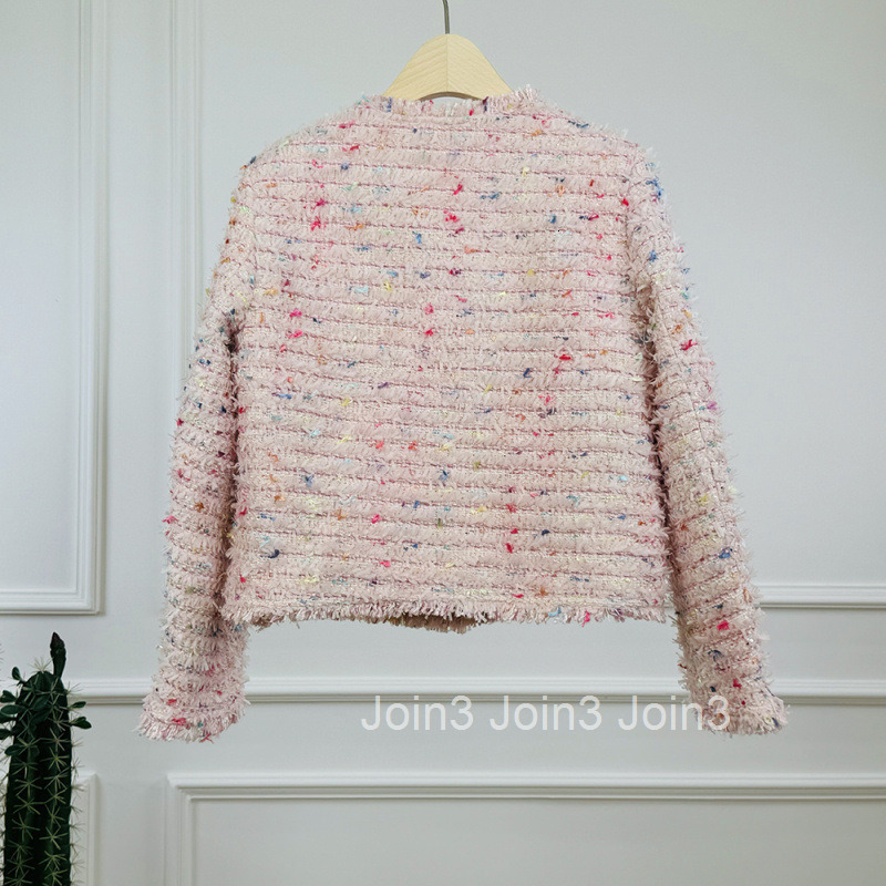 Autumn Winter Floral Tweed Jacket Fashionable Youthful Tassel Tweed Round Neck Elegant Long Sleeve Short Jacket for Women