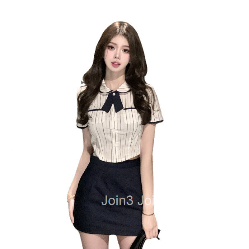 25 Summer New Sweet and Spicy Korean Style Fashion Date Outfit Bow Collar Shirt Top + Bodycon Short Skirt
