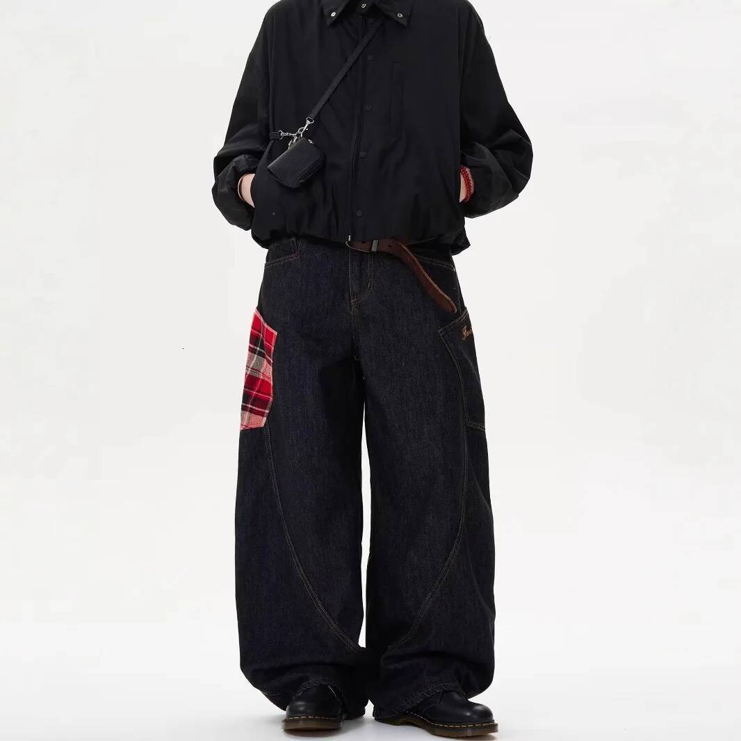 Scottish Plaid Splicing Arc Baggy Y2k Spring And Autumn New Streetwear Washed Oversized Straight Wide Leg Jeans 2024