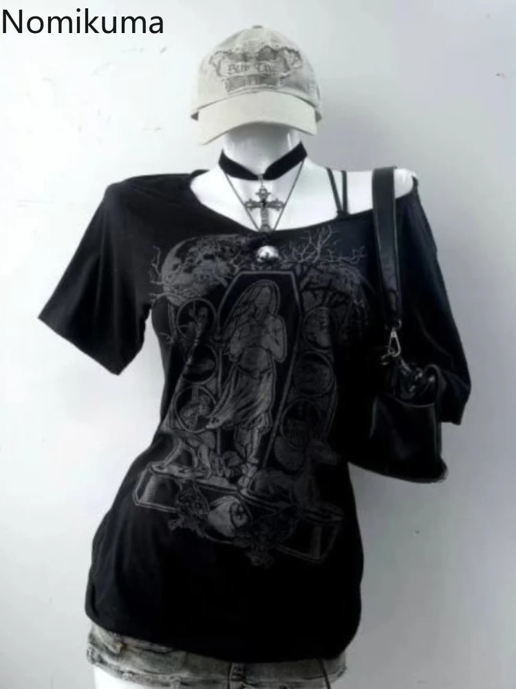 Punk Streetwear T Shirts 2025 Womens Clothing Y2k Tops Print Casual Summer Camisetas Ropa Mujer Off Shoulder Fashion Tshirt 250724