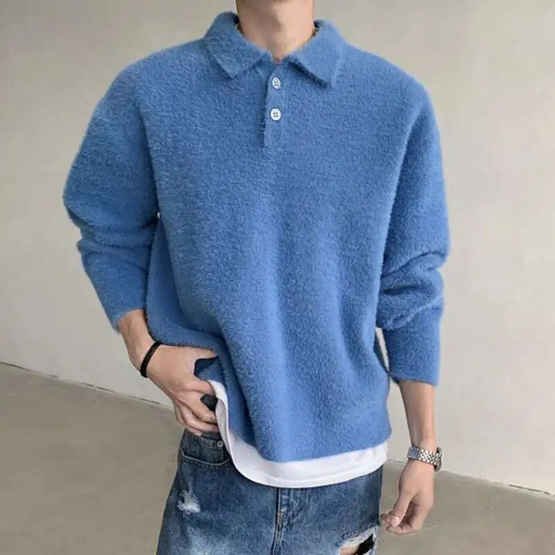 IEFB Korean Style Mens Knitting Tops Turndown Collar Button n Mohair Solid Color Sweater Loose Male Pullover Knits 9C8625 250729