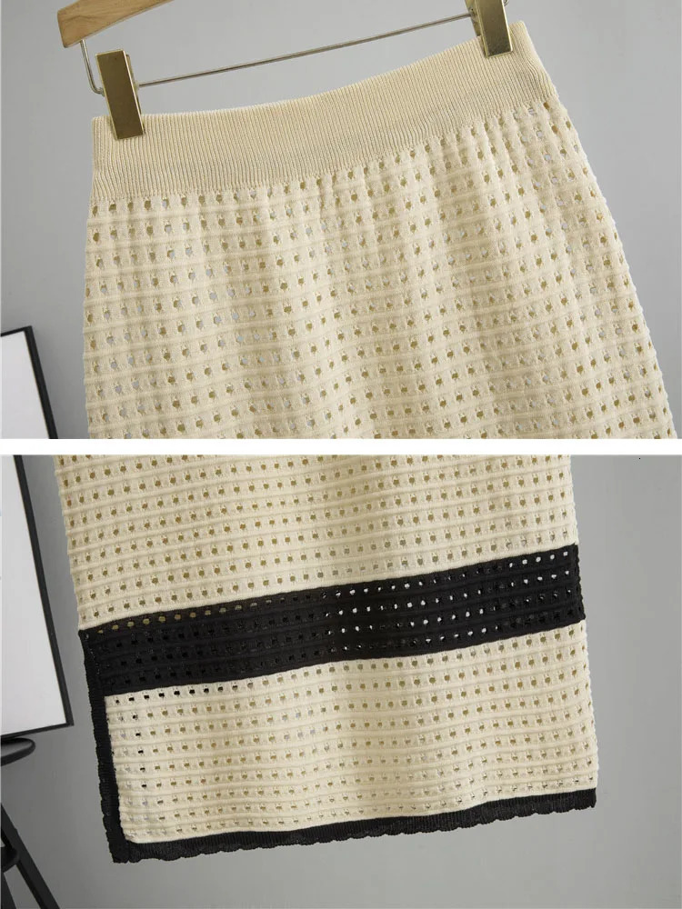 Hollow Out n 2 Piece Sets Women Lapel Neck Knitted Short Sleeve Tops Cardigan High Waist Straight Skirts Outfit 250729