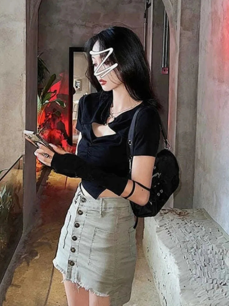 High Street Short Sleeve Tshirt Women Harajuku Summer Hollow Out Slim n Ins Korean Style Above Navel Cropped Top Allmatch 250724