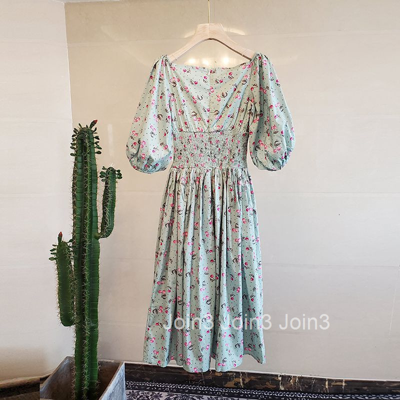 Printed Dress for Women Summer New Fashion Floral Skirt Cherry Waist Slimming Over-the-Knee Mid-Length Dress