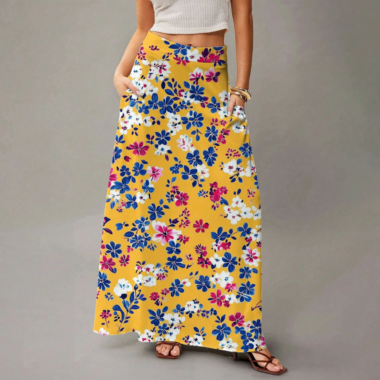 Summer Casual Skirt for Women High Waisted Stretch Printed with Pockets Loose Flowing Long Skirts Fashion Beach Skirt 250729