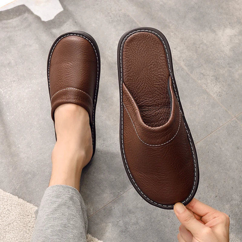 Couples Classic Leather Slippers Men Bedroom Comfort Home Shoes Males Flat Slippers Non-slip Rubber Man Slipper Big Size 47 48 250725