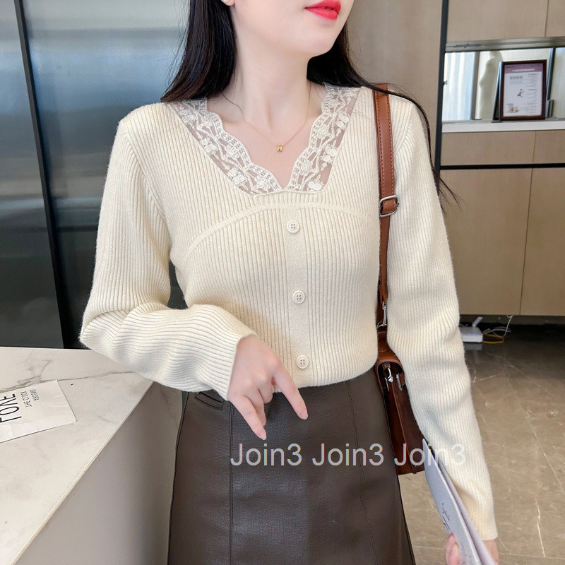 Winter Spring New Lace Patchwork V-Neck Ribbed Slim Pullover Knitted Sweater Womens Short Top