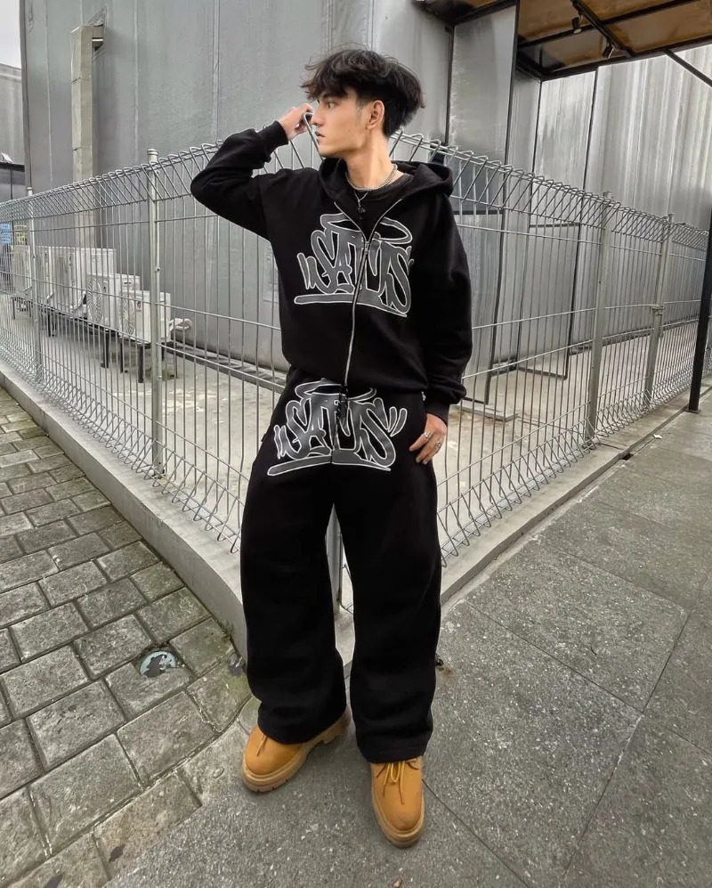 2K American Harajuku Set Streetwear Men Clothing Retro Zipper Hoodie Hip Hop Trendy Printed Casual Couple Sportswear Pants 250729