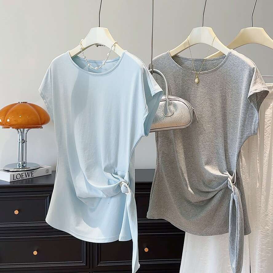 sxzy Round Neck Short T-Shirt for Women Summer 2025 New Slim Fit Waist-Cinching Slimming Irregular Design Flutter Sleeve Top