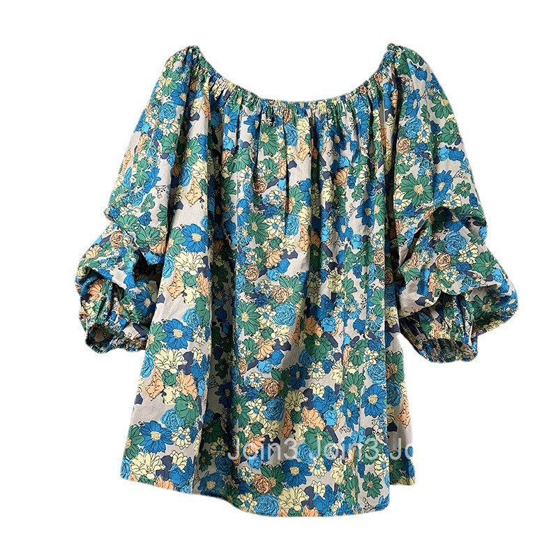 Summer New Korean and Japanese Style Casual T-Shirt Off-Shoulder Three-Quarter Sleeve Floral Shirt Women Pullover Top