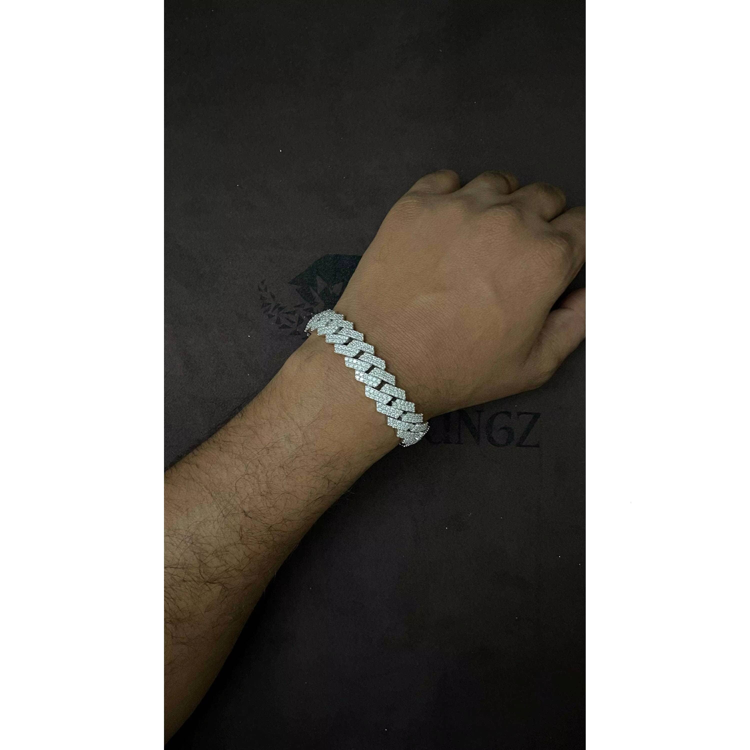 Solid 925 Sterling Silver 14mm Prong Cuban Link Bracelet with VVS Moissanite Diamonds Passes Diamond Tester