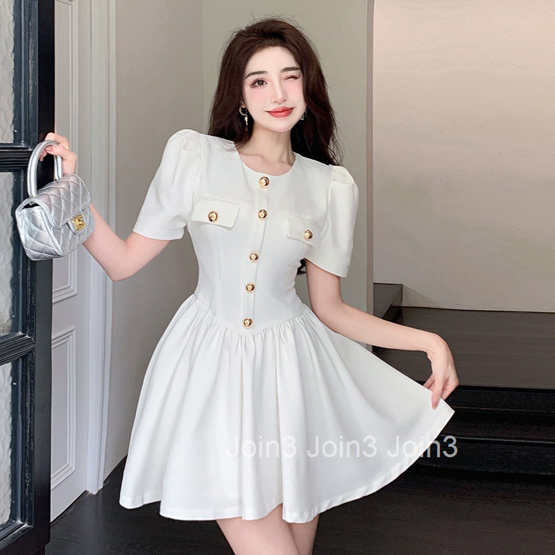 Internet Celebrity Textured Little Fragrance Dress 25 Summer New Fashionable Elegant Slim Fit Puff Sleeve Waist-Cinching Puffy Dress
