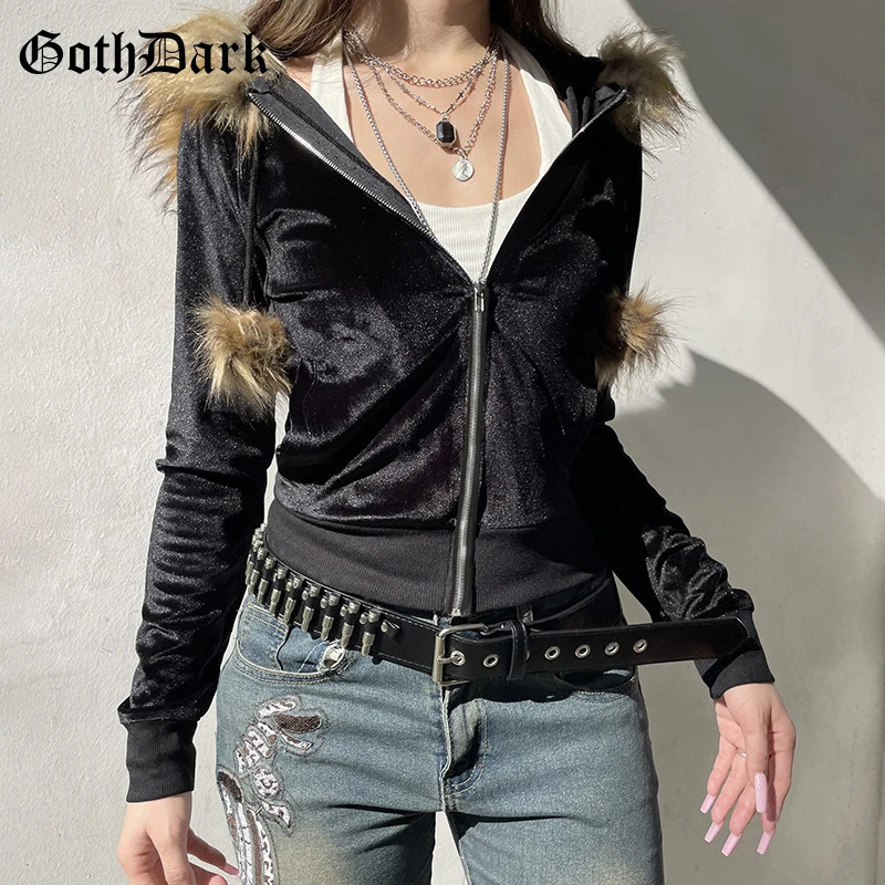 Goth Dark 90s Aesthetic Soft Velvet Zip Sweatshirt Hoodie Cyber Y2K Faux Collar Pocket Hooded Coats Women Slim Streetwear Gothic 250729