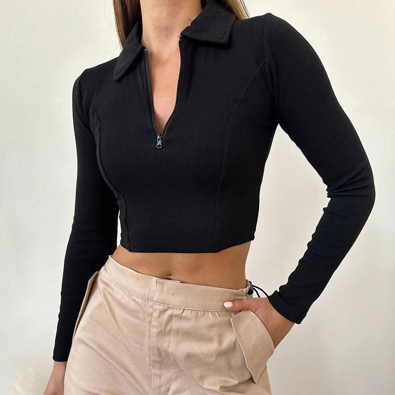 White Autumn Winter Tshirt Womens Long Sleeves Zippers Crop Top Casual Fashion T Shirt Female Streetwear Sexy Cropped Tops 250729