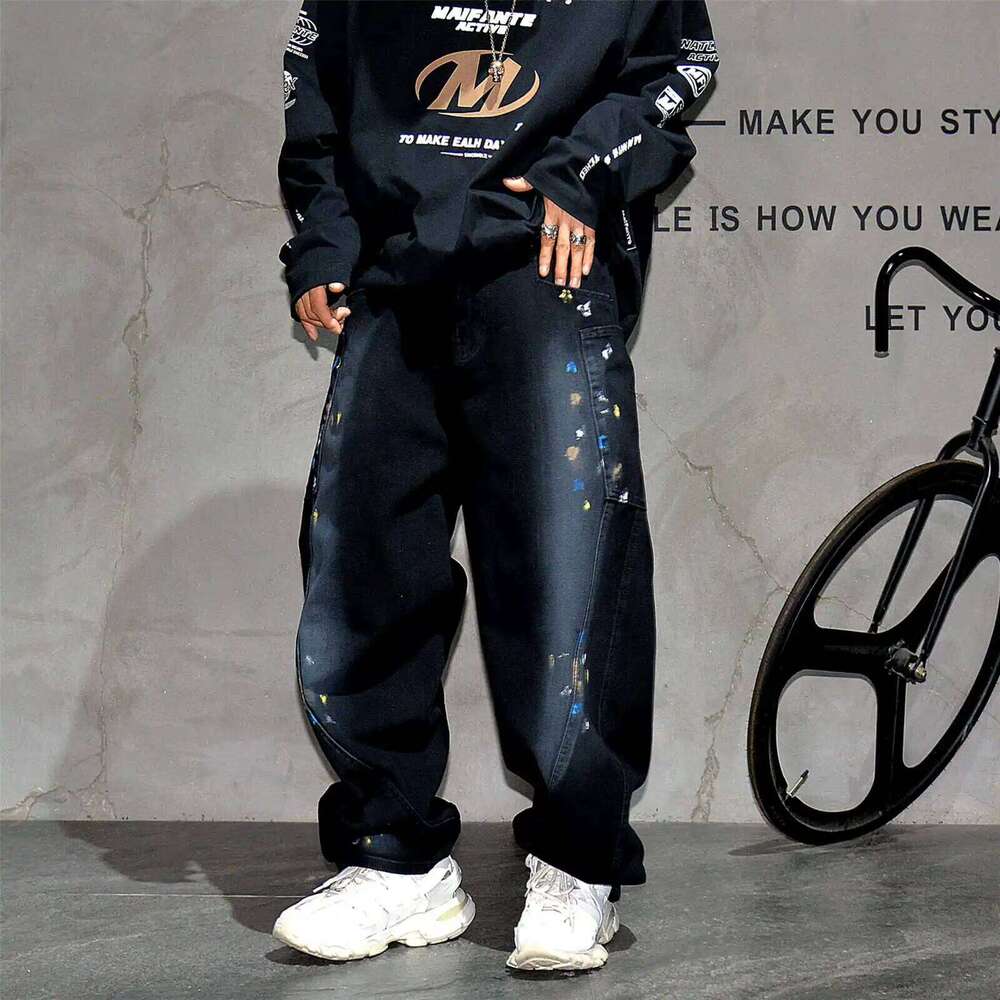 American Streetwear Hand-Painted Splash Skateboard Baggy Jeans Mens Clothing Hip Hop Denim Pants Haruku Trend Trousers Male 250726