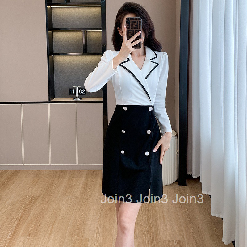 Autumn New Style Socialite Plus Size Women Slim Fit Elegant Professional Suit Collar Long Sleeve Bodycon Slit Mid-Length Dress