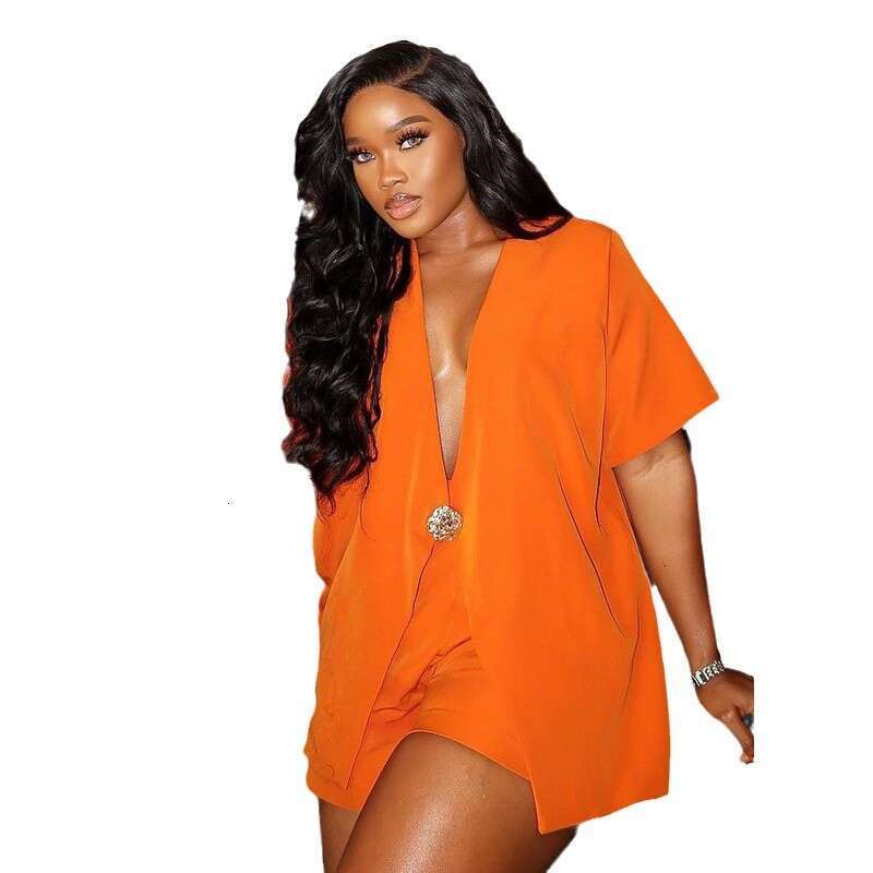 Fashion Solid Color Short Sleeve Suit For Women Summer High Waist Shorts Two-Piece Commuter Outfit B5